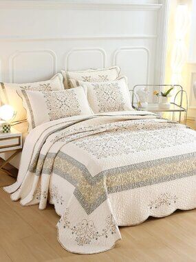 Queen Size Reversible Bedspread Coverlet 3 Piece Cotton